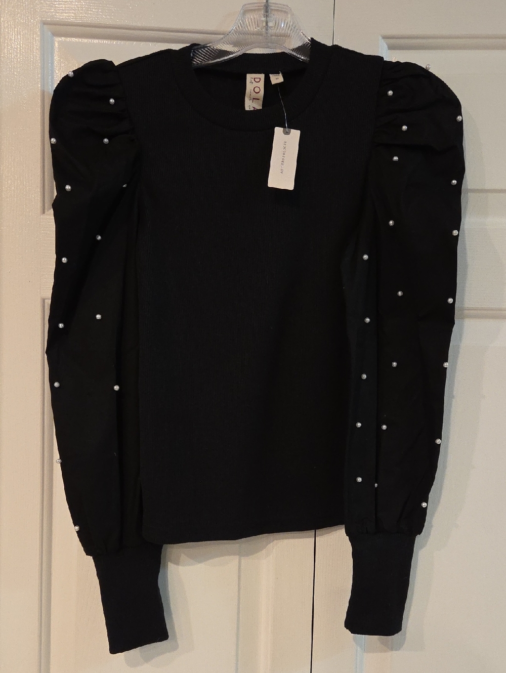 Anthropologie Black Puff-Sleeve Sweater Top with Pearl Accents